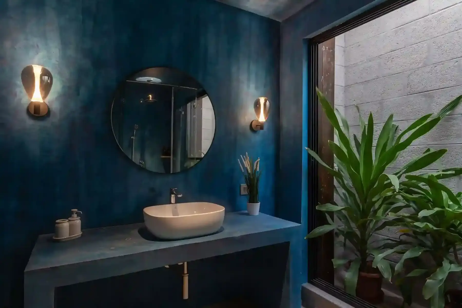 Deep blue bathroom with a round mirror at Villa Maaya