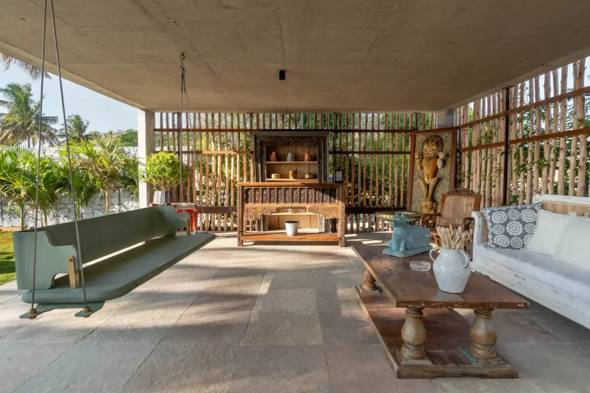 Looking out from the pavilion to the pool at Villa Nirvaana