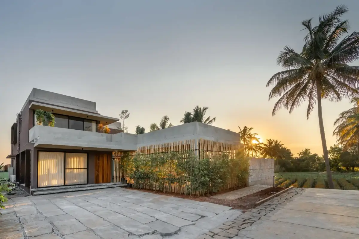 Villa Nirvaana's exterior at sunset